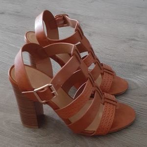 NWOT Bamboo Brown Cognac Thick Heel Wedge Sandal